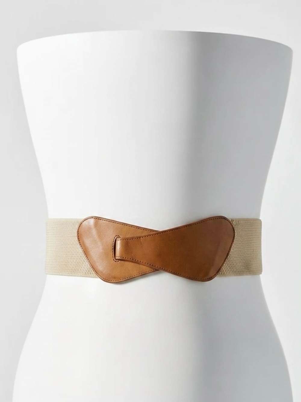 Anthropologie Beige Elastic Belt Wide With Interlocking Cognac Leather Size M